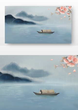 古风意境雨水插画模板